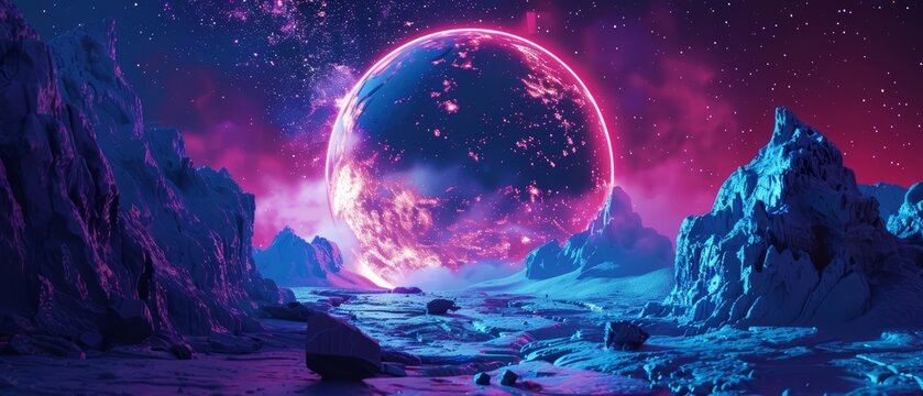 A 3D render of a neon abstract space background framing a futuristic fantasy landscape, where artificial intelligence governs the flow of energy, Sharpen Landscape background