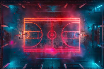 A topdown view of a basketball court illuminated by neon lights, featuring a neon basketball at the center