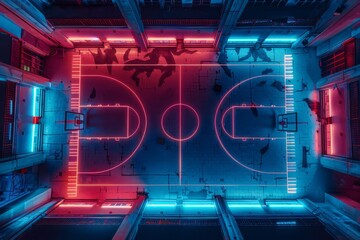 A basketball court seen from above, brightly lit by neon lights, with a neon basketball at the...