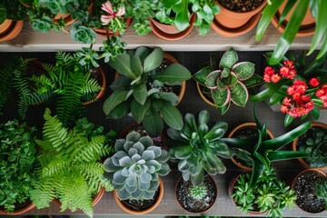 Assorted succulents, ferns, and flowering plants arranged neatly on a shelf in commercial photography setting