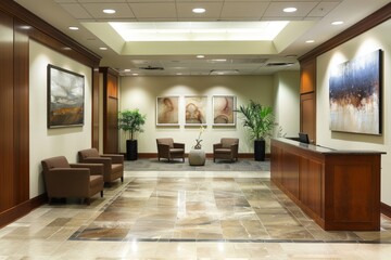 A modern office reception area featuring stylish chairs and artwork on the walls