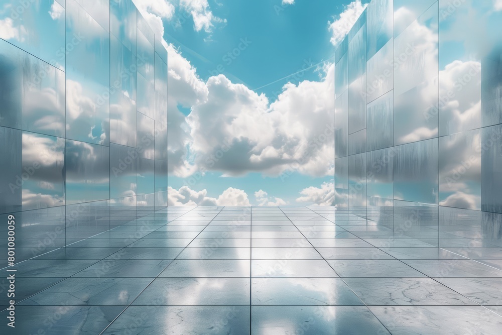 Aufkleber a 3d render of an empty square floor, surrounded by advanced architectural structures under a sky fi