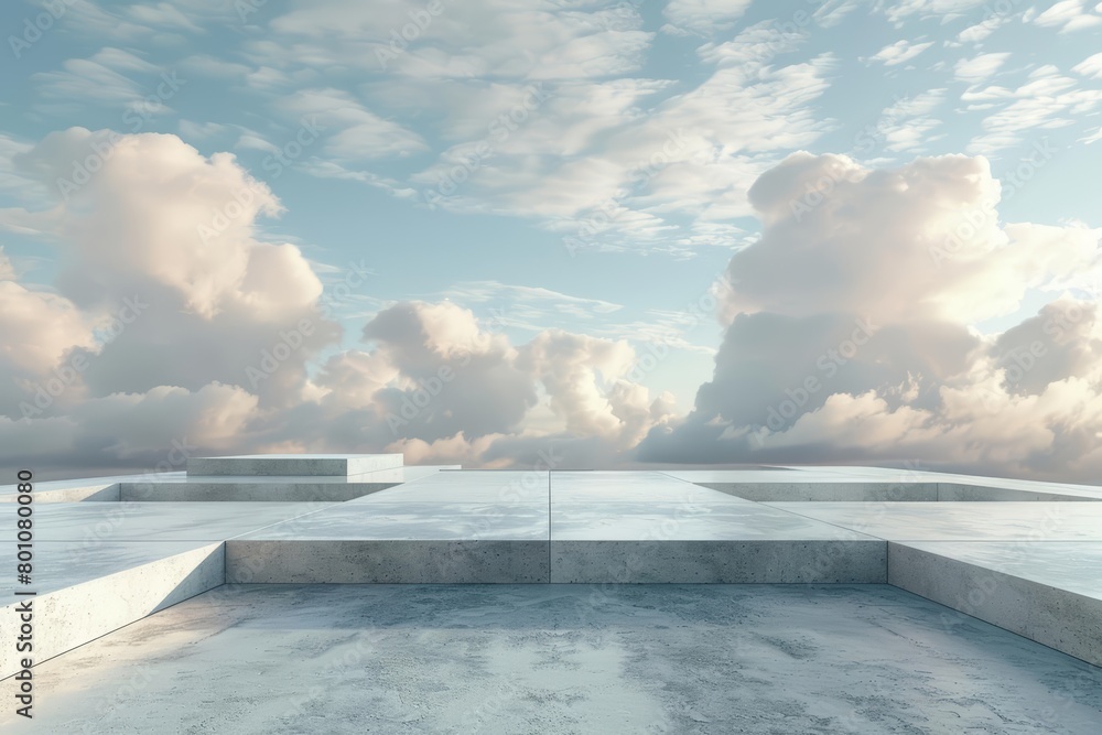 Aufkleber a 3d render of an empty square floor, surrounded by advanced architectural structures under a sky fi