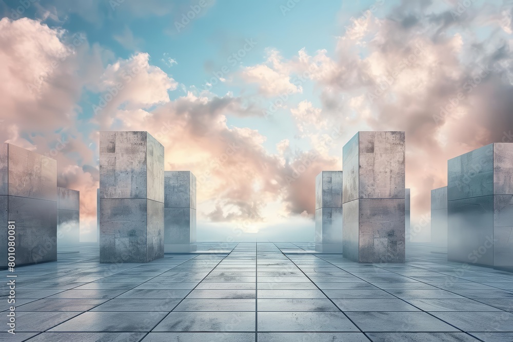 Aufkleber a 3d render of an empty square floor, surrounded by advanced architectural structures under a sky fi