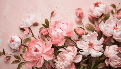 Floral oil painting. Beautiful flowers. Abstract texture, brushstroke. Pastel pink and white colors.