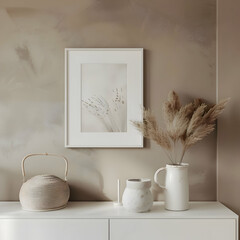 Vertical poster art mockup with beige wooden frame, dried grass in vase on white sideboard. Boho interior decoration. A4, A3 format. 3d rendering, illustration