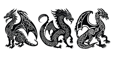 Celtic dragon Vector set. white patterns, Logos, symbols, and Celtic ornaments. black and white Vector illustration