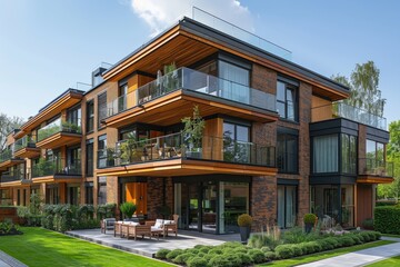 Fototapeta premium Modern residential buildings with outdoor facilities, Facade of new low-energy houses