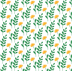 Seamles pattern with leaves and yellow flowers. Vector background in flat style	
