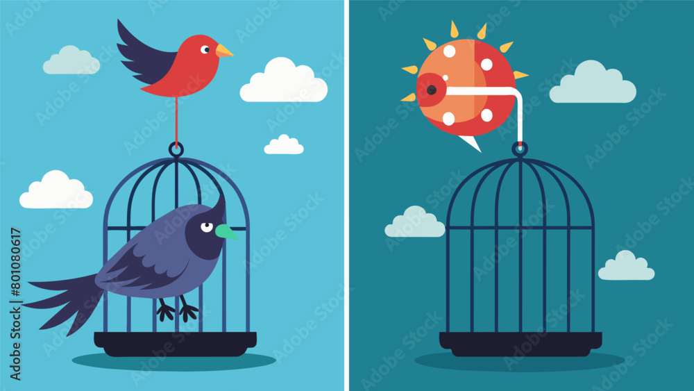 Poster an illustration of a caged bird with the before version showing a sad and still bird and the after v