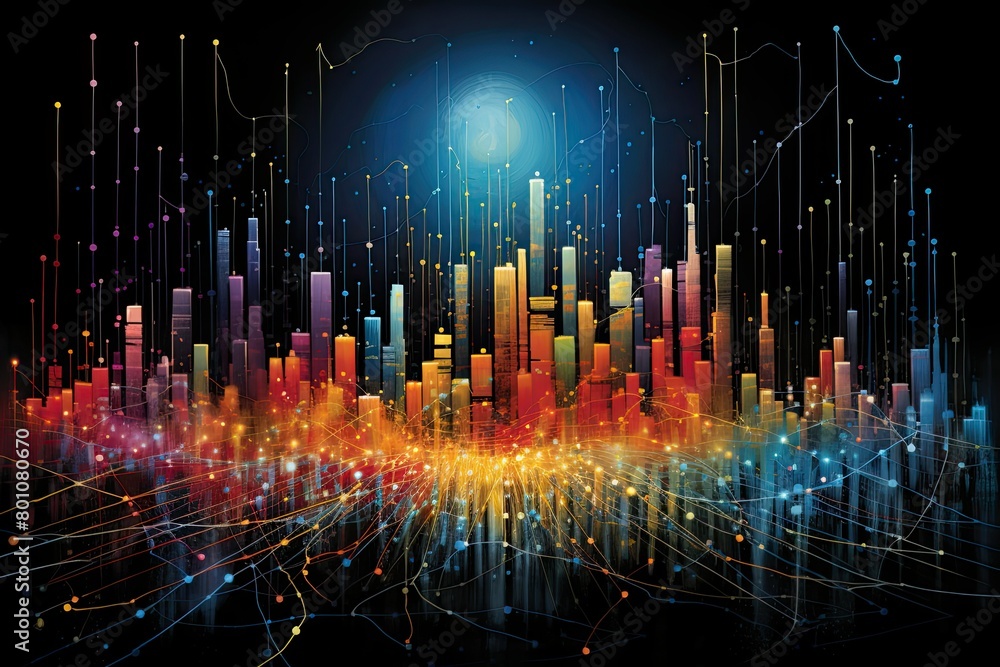 Poster a detailed abstract representation of a cityscape with intersecting lines, dots, and shapes. generat