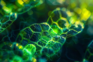 A microscopic view of a plant cell reveals the vibrant chloroplasts bustling with photosynthesis, Sharpen close up hitech concept with blur background