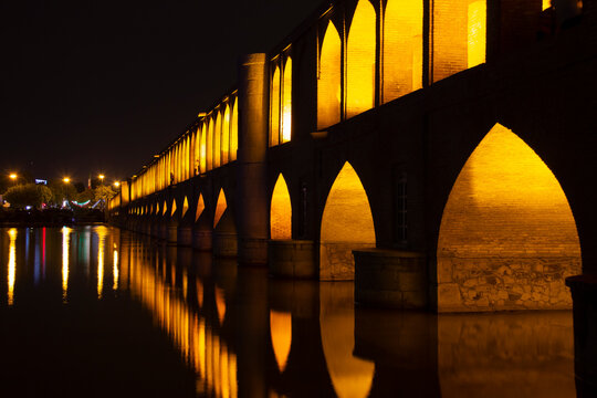 the beautiful view of the city of Isfahan and the zayandeh rud River at night and the thirty-three bridge (siose pol) of this city, which have a special view at night with lighting