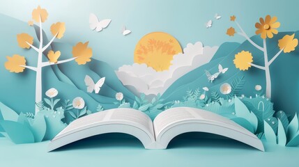 A paper book opens wide on World Book Day, its pages filled with classic tales and new adventures, paper art style concept