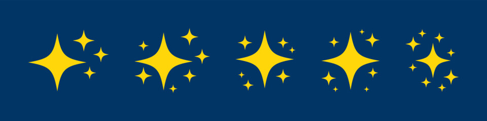 Stars icon set. Sparkle star. Yellow stars on blue background. Vector