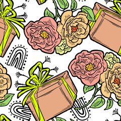 Gift box, ribbon and flowers seamless vector pattern for wrapping present with bow, party celebration, sale promotion, Textile print, fabric design, banner background. Hand drawn style illustration.