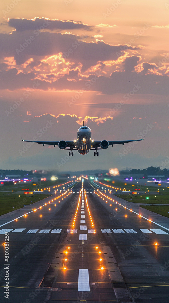 Poster a plane is flying over a runway with a sunset in the background. the sky is filled with clouds, and 