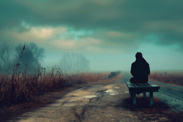 Sad and melancholic man sitting on a bench in a somber landscape