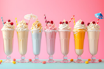 Delicious colorful milkshakes with cream on a pastel-colored background