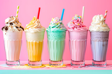 Delicious colorful milkshakes with cream on a pastel-colored background