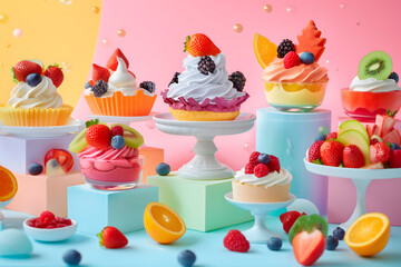 Cream and fruit desserts on a pastel-colored background