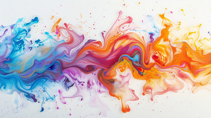 An intricate fusion of colors swirls artistically across a plain, white surface.