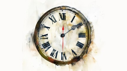 A watercolor painting of a clean, simple clock marking noon, isolated on white background