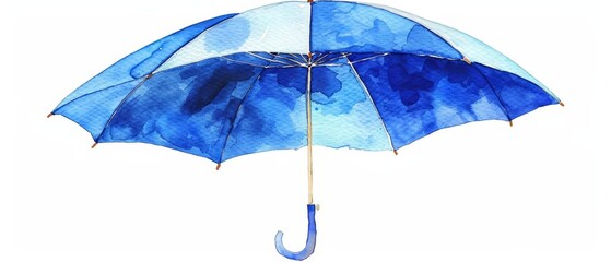 A watercolor painting of a clean blue umbrella open and ready for rain, isolated on white background