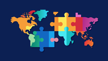 Colorful Puzzle Pieces Shaping World Map on Dark Background