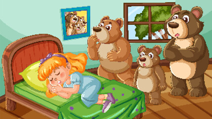 Three bears discover Goldilocks sleeping in bed.