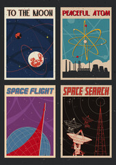 Retro Space Posters Style Illustrations. Planets, Earth, Moon, Rocket Launch, Radio Telescope, Atom, Nuclear Power Plant. 1960s Colors, Aged Texture Pattern