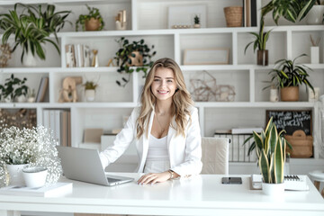 Beautiful businesswoman in her office. Smiling woman dressed in white clothes in an office with a laptop, sitting at a table with white shelves in the background.