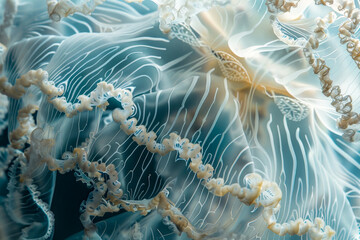Close-up ethereal jellyfish in blue ocean