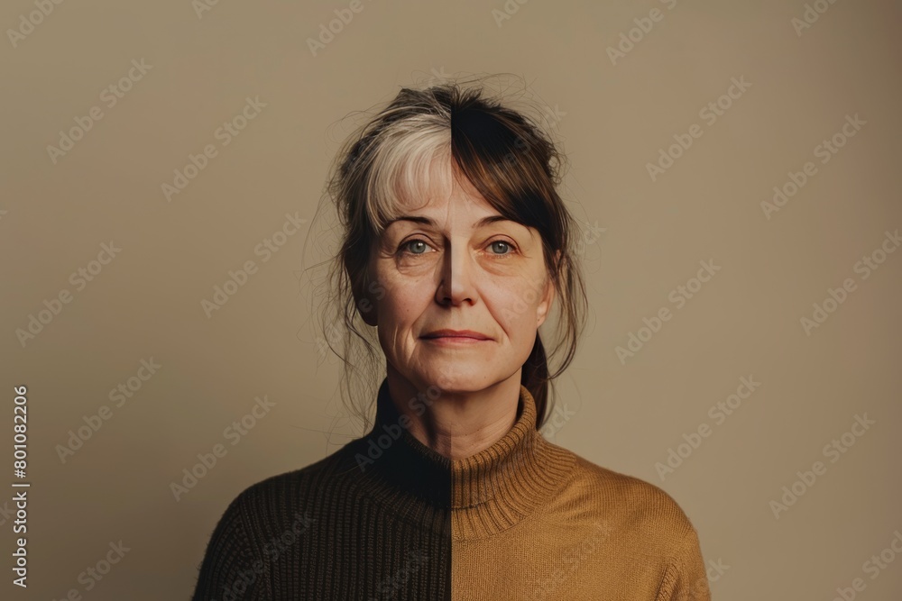 Poster aging split representation in anti aging creams visualized through physical age portraits and transf