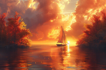 A breathtaking autumn sunrise over a misty lake
