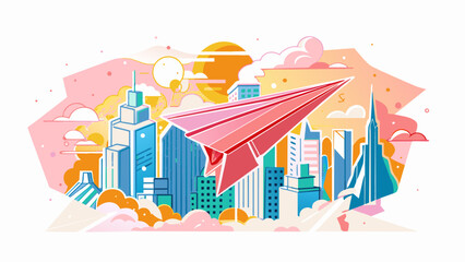 Vibrant Paper Plane Soaring Over Stylized Cityscape Illustration