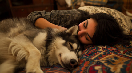 Pretty woman and Siberian husky dog are sleeping sweetly on a carpet, lying on the floor