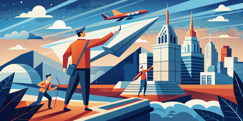 Dynamic Cityscape Illustration with People and Airplane in Retro Style