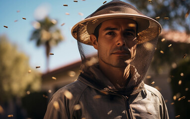 A man wearing a beekeeper's hat is surrounded by bees. Concept of danger and caution, as the man is in close proximity to the bees - Powered by Adobe