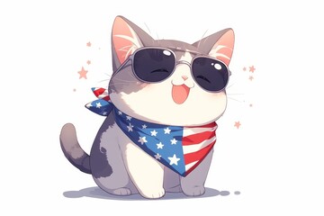 A cat adorned with a red, white, and blue bandana, celebrating Independence Day