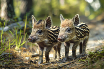 Fototapeta premium Twin baby boars playing in the natural habitat