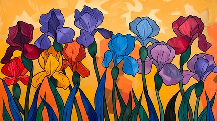 Retro colorful iris flowers plant pattern illustration poster background