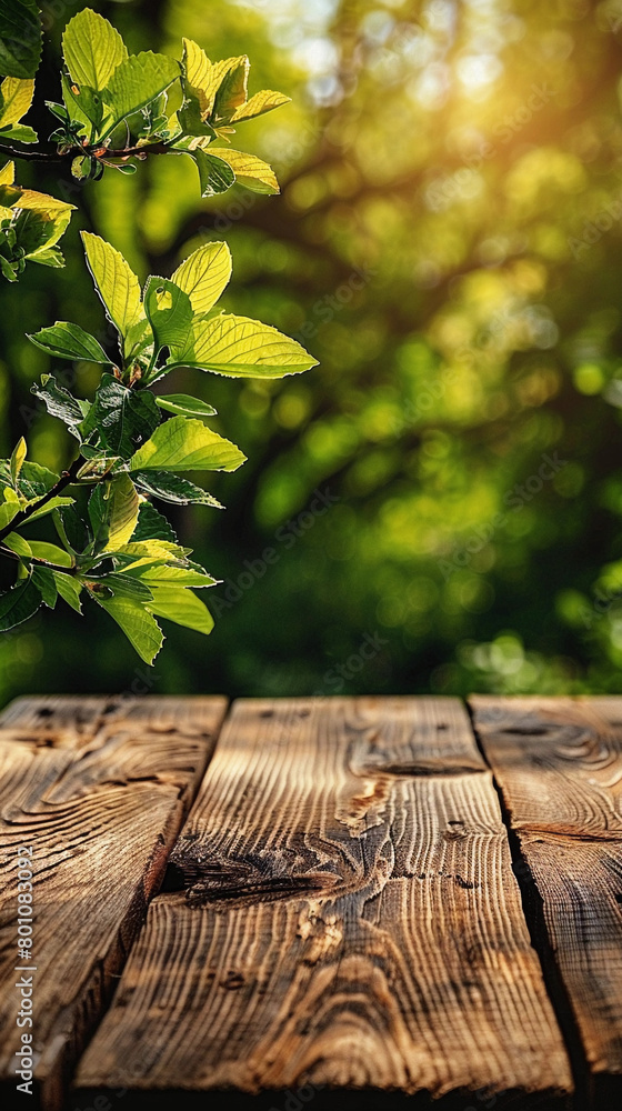 Poster a wooden table with a leafy branch on top of it. the branch is green and has a few leaves on it. the