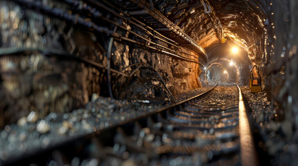 An illuminated mining tunnel with tracks - Powered by Adobe