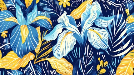 Retro colorful iris flowers plant pattern illustration poster background