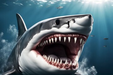 Fototapeta premium 'mouth marine rendering predator 3d white shark big open teeth dangerous fish nature ocean reef tropical marin render animal seafood cut-out background graphic attack wild danger life object aquatic'