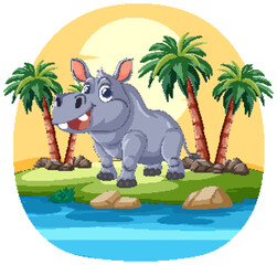 Cartoon hippopotamus standing on an island with palms.