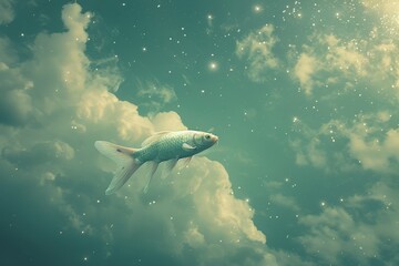 A fish swimming in the sky mockup featuring a fish swimming through the clouds or in a starry night sky, challenging the viewer's perception of the natural world