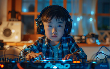 A young boy wearing headphones is playing a DJ set. The room is dimly lit, and the boy is focused on his music