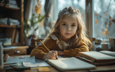 A young girl is sitting at a desk with a book open in front of her. She is writing in a notebook with a pencil